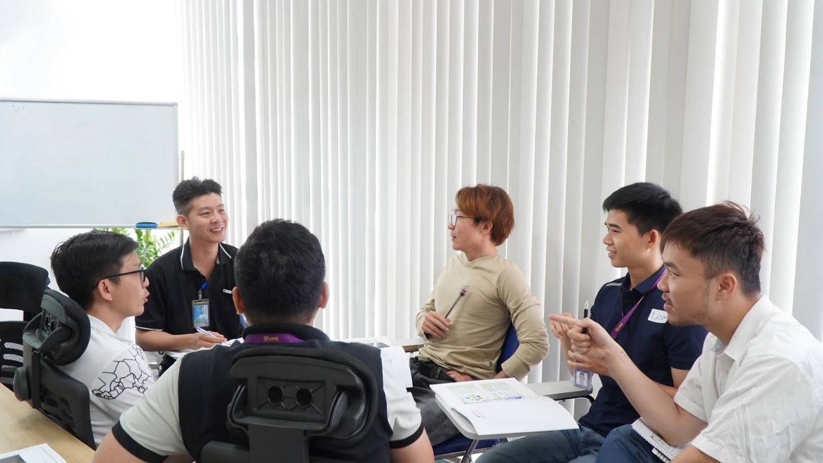 Team members having a group discussion